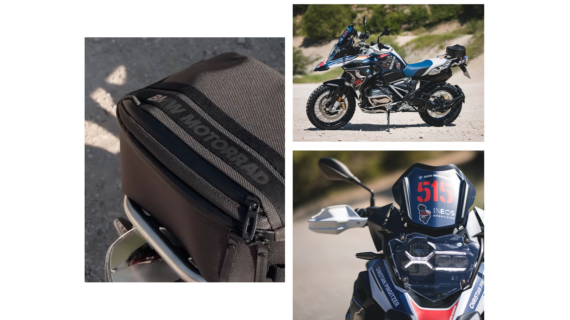 Imagens detalhadas da moto, como, por exemplo, da proteção do motor, assim como o vidro de proteção do farol dianteiro, e a moto de perfil