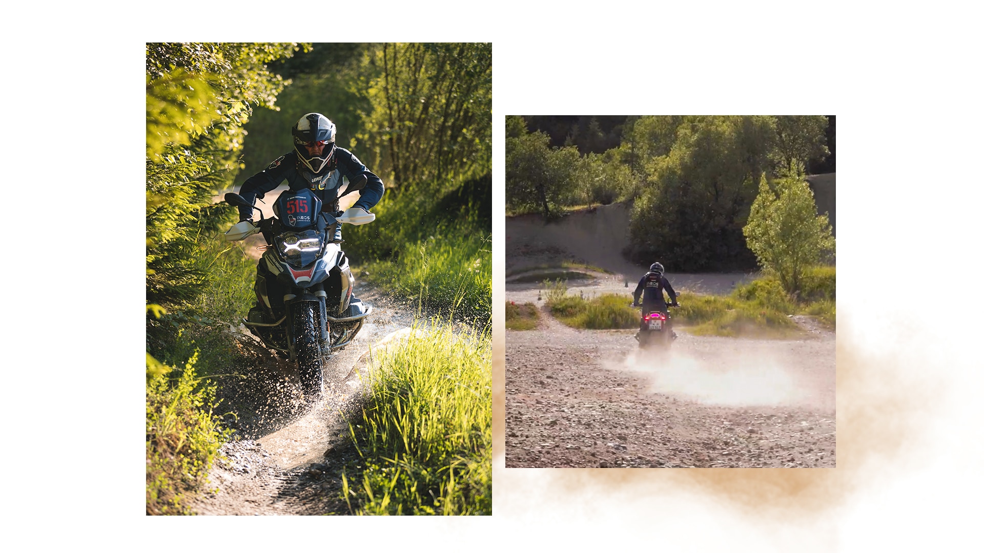 A moto numa travessia de água e um grande plano do perfil dos pneus para todo-o-terreno na lama