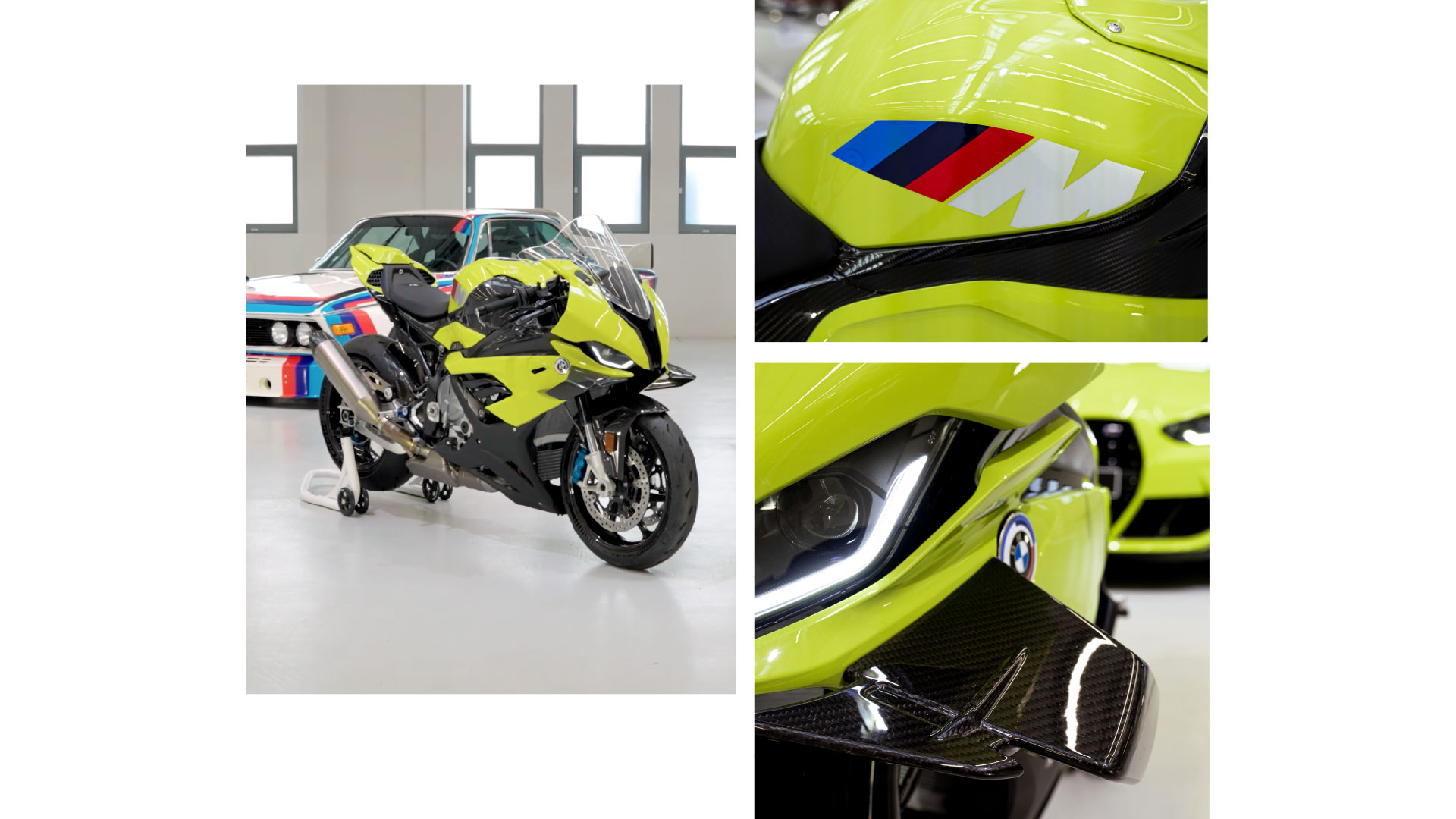 Vista frontal da M RR 50 Years M. Fáceis de reconhecer: as aletas. O logótipo BMW M com as três icónicas cores azul, azul-escuro e vermelho, encostadas ao M em branco, com uma inclinação que transmite dinamismo