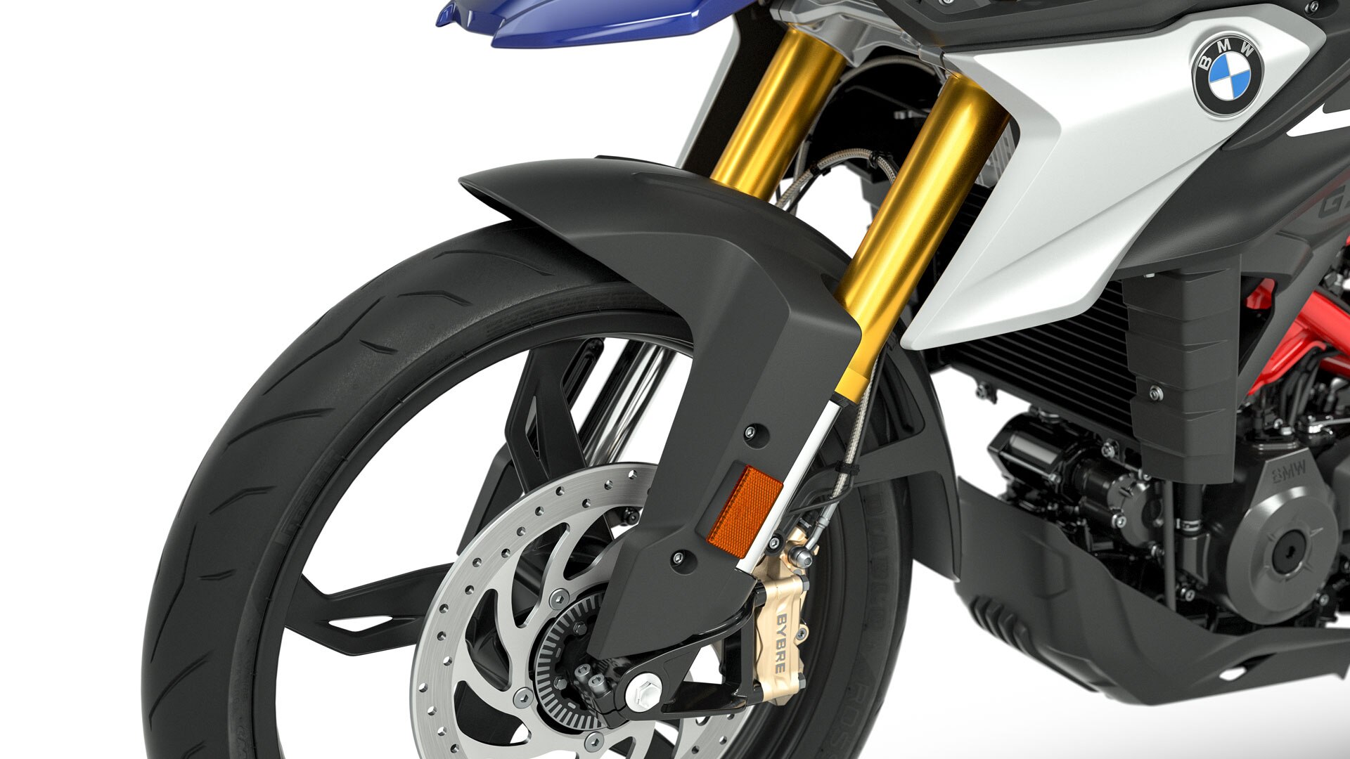 Vemos a forquilha invertida anodizada a dourado da G 310 GS.