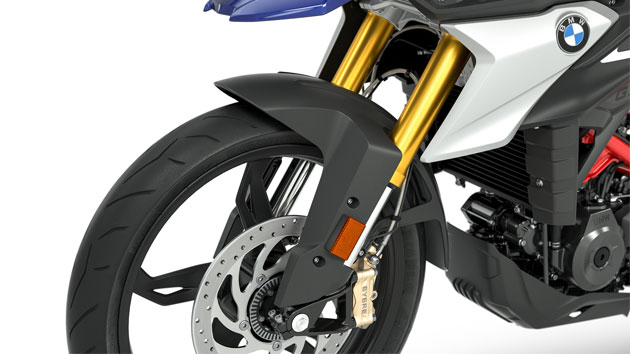 Vemos a forquilha invertida anodizada a dourado da G 310 GS.