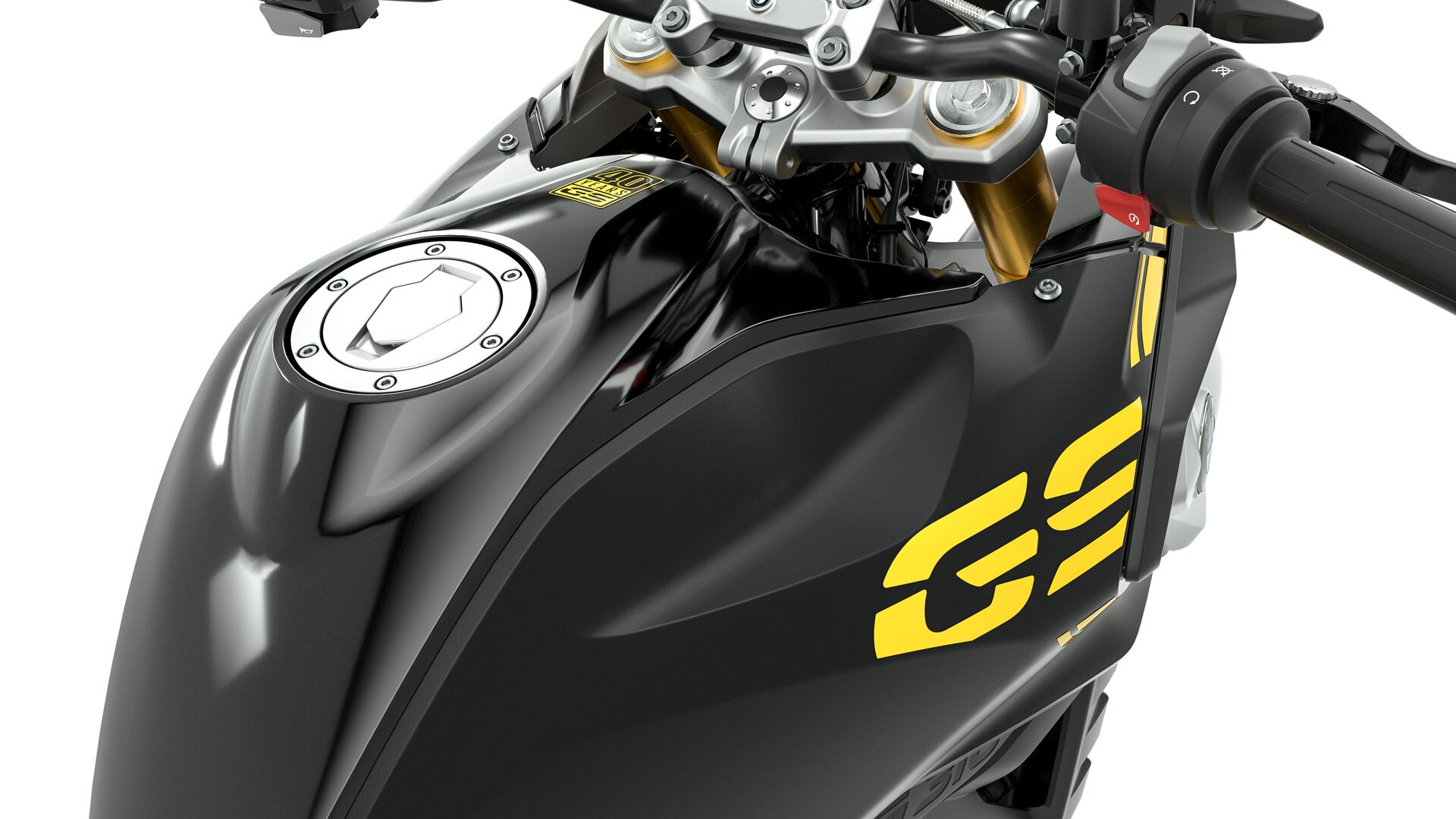 Vemos o depósito e o guiador da G 310 GS numa vista detalhada oblíqua, de cima.
