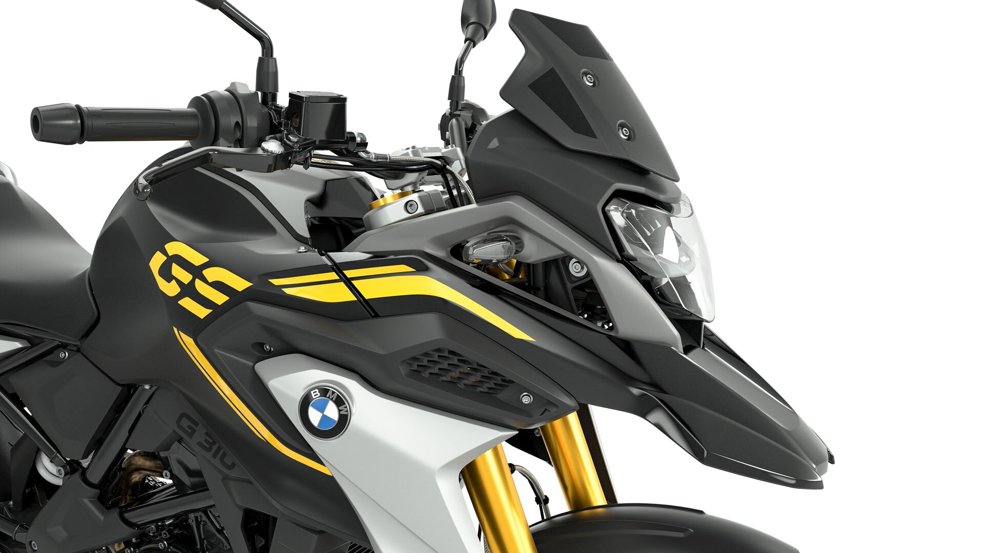 Vemos uma vista lateral da frente da G 310 GS com destaque para o vidro defletor fumado.
