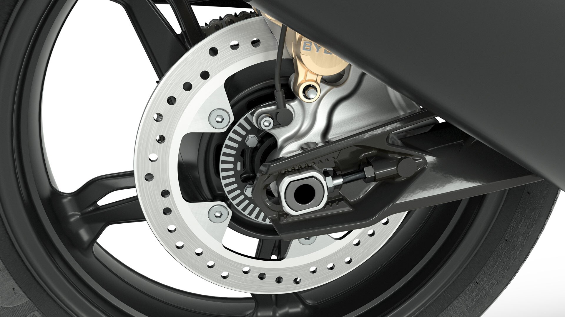 Vemos um detalhe das jantes pretas da G 310 GS.