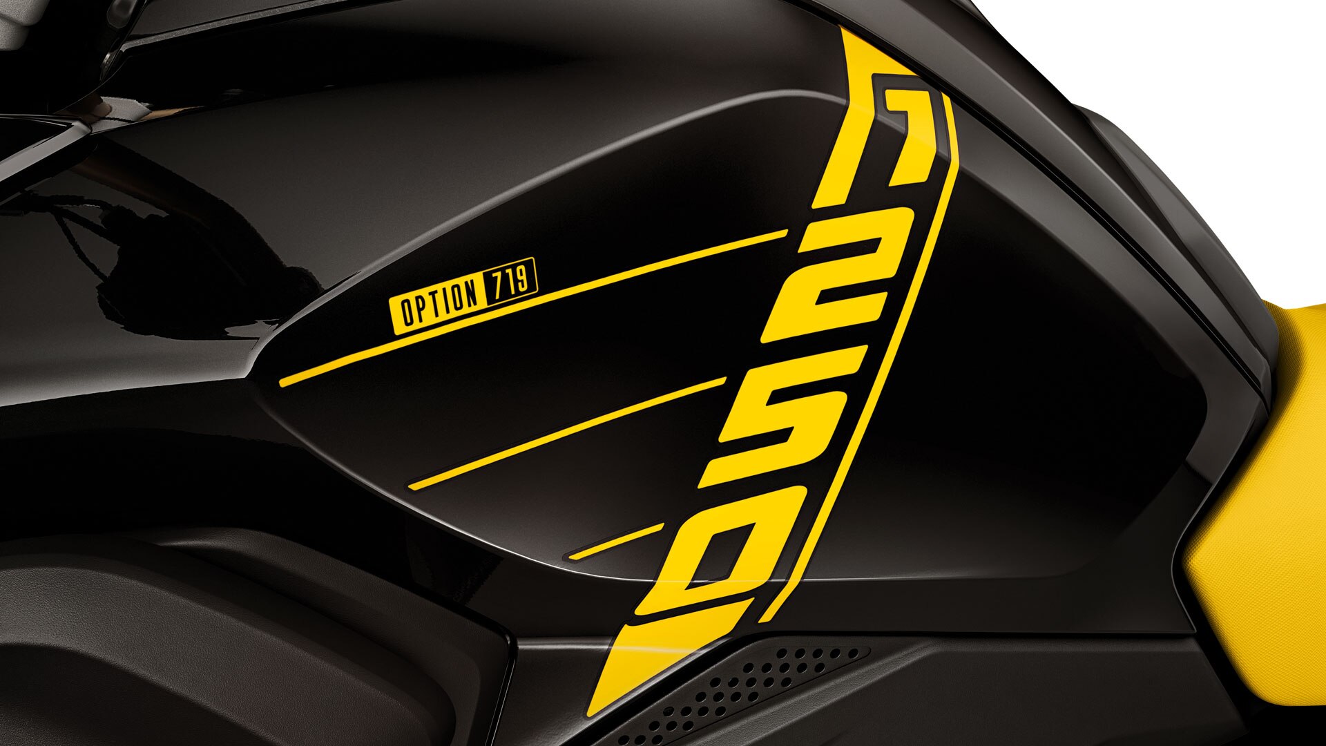 Vemos uma vista superior da R 1250 GS com a inscrição “1250” e o motor Boxer saliente com as tampas da cabeça dos cilindros Billet Option 719.