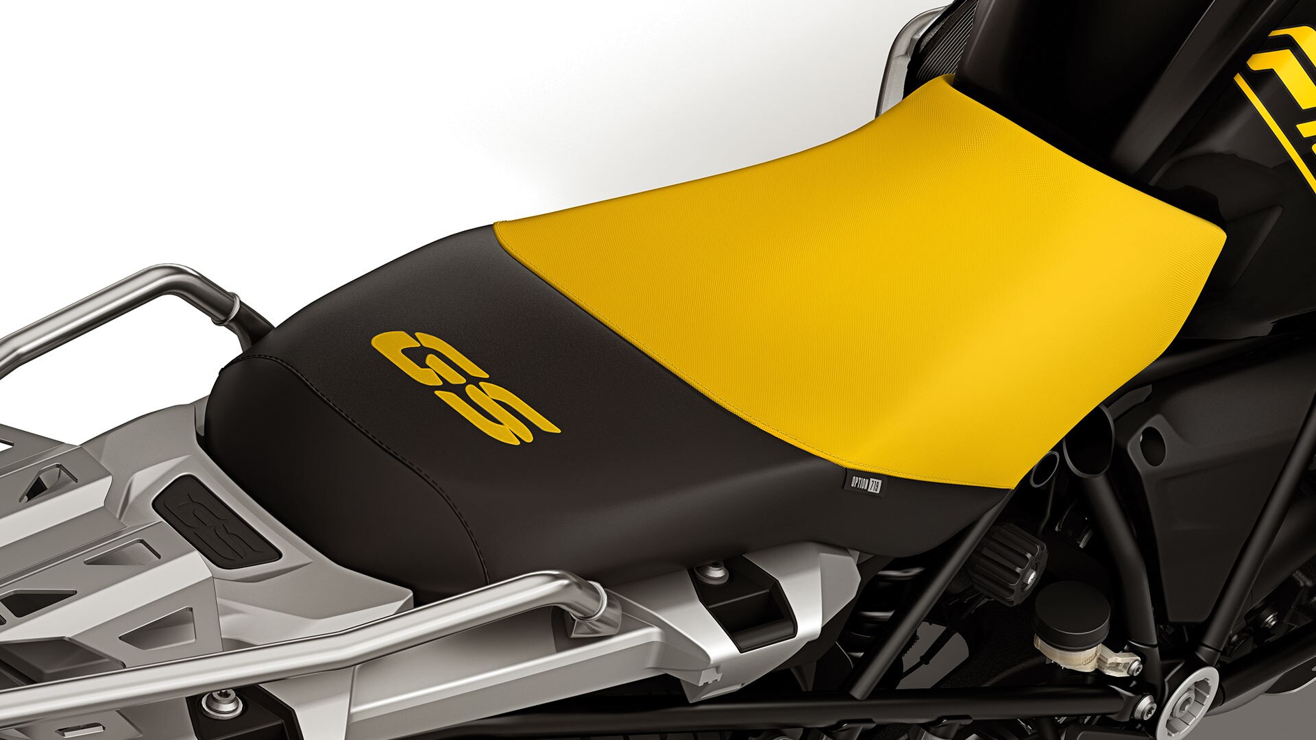 Vemos o selim em preto e amarelo da Edition 40 Years GS com autocolante GS.