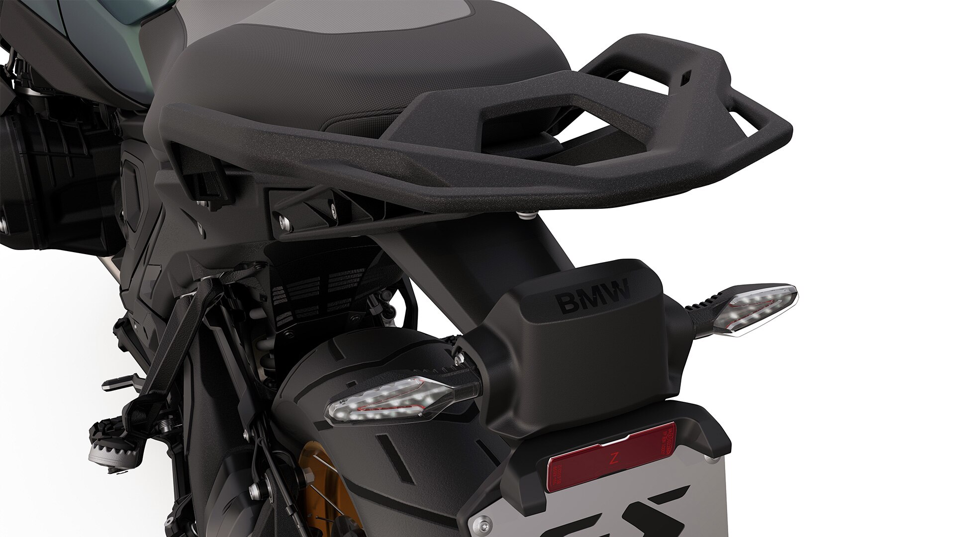 A BMW R 1300 GS Option 719 Tramuntana com piscas com funcionalidades integradas e radar traseiro
