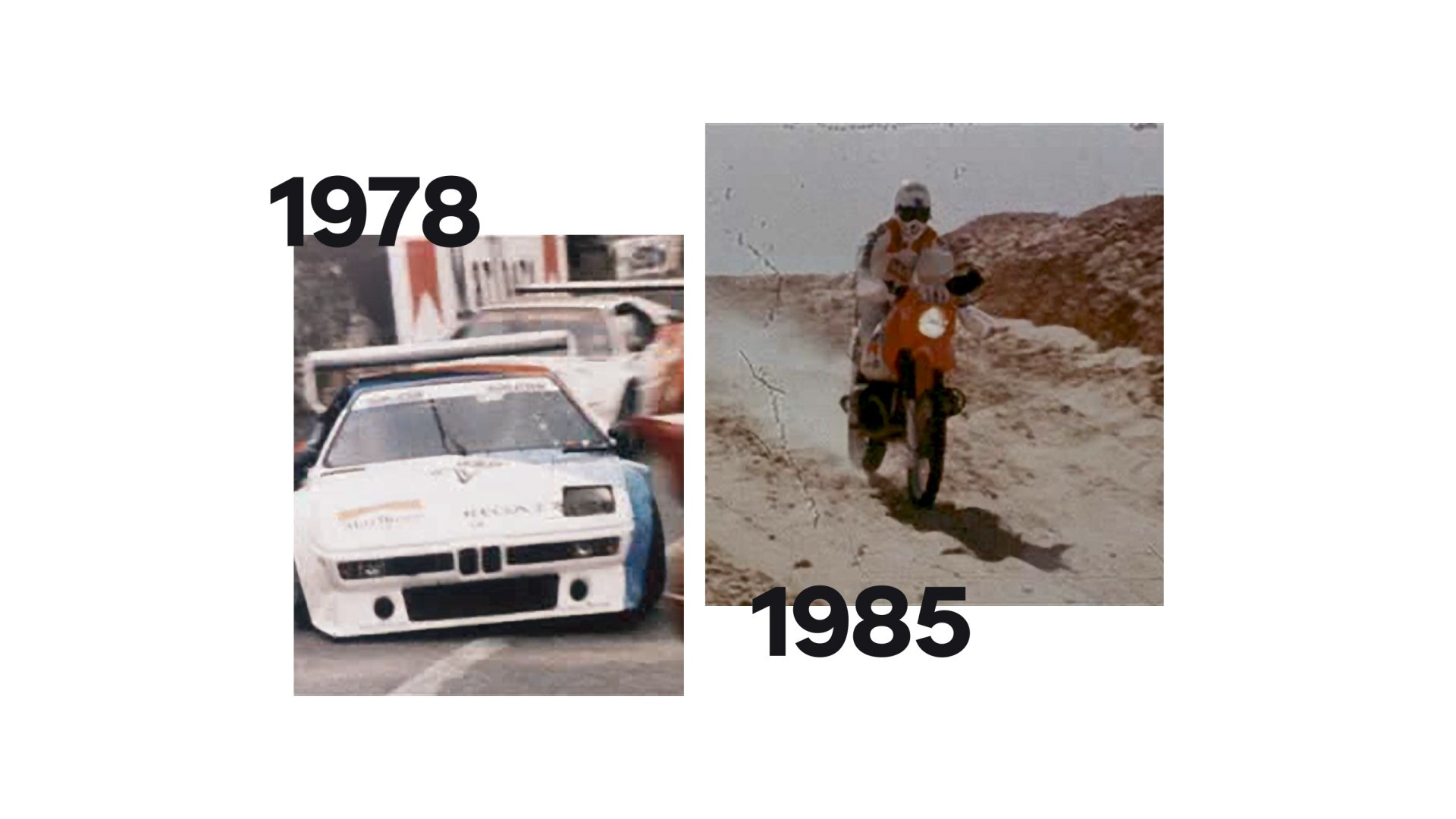 À esquerda, uma imagem histórica do BMW M1, à direita, a lendária máquina do Rali Paris-Dakar.