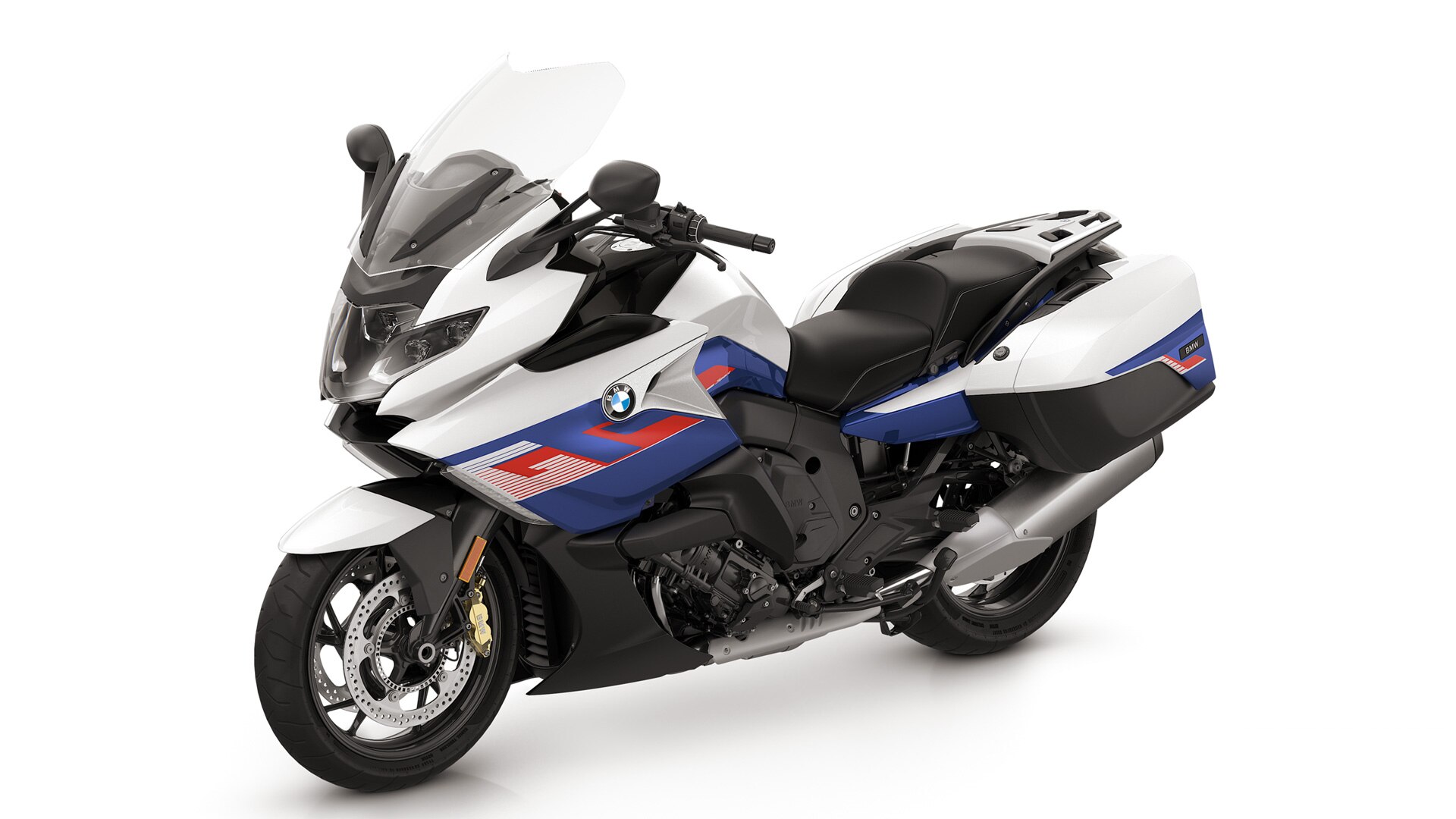 K 1600 GT em Branco/Azul “racing” metalizado/Vermelho “racing”.