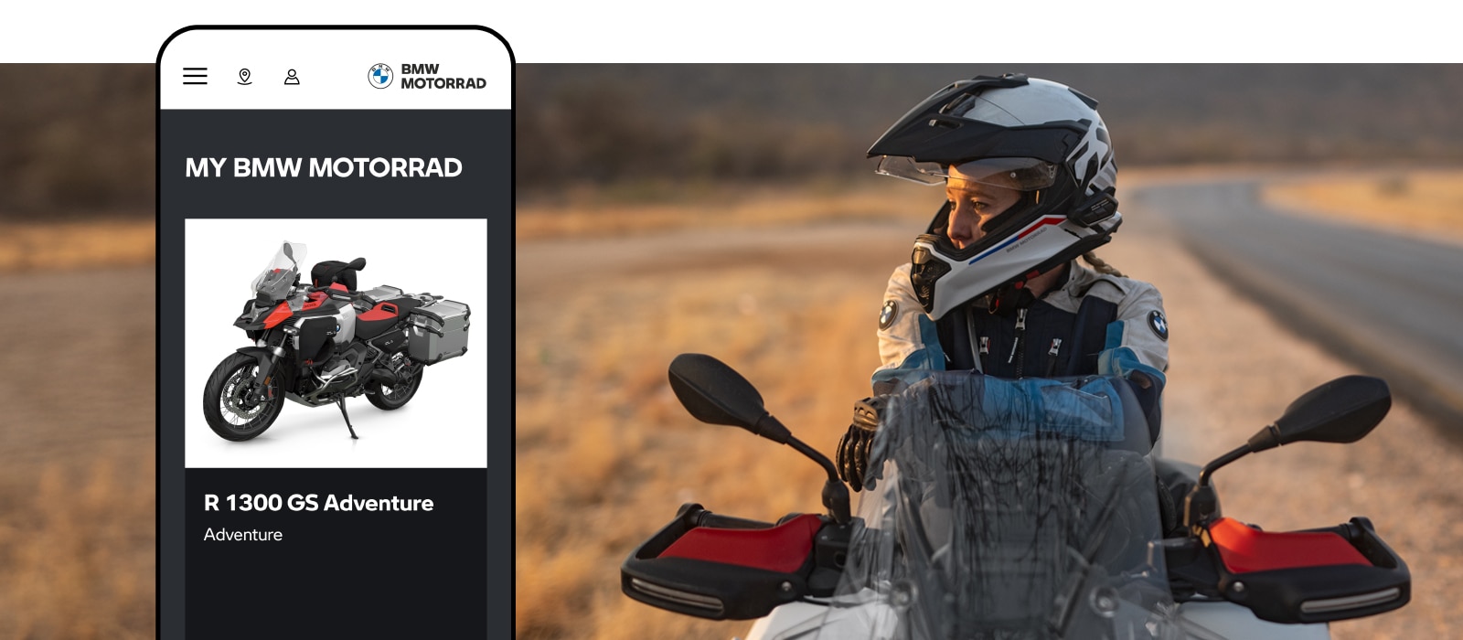 Uma motociclista numa BMW Motorrad. À esquerda, uma maquete móvel do BMW Motorrad CarData